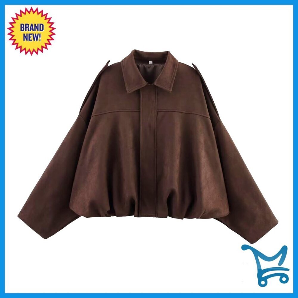 Oversized Faux Suede Bomber Jacket with Epaulets Zip Up Casual Coat